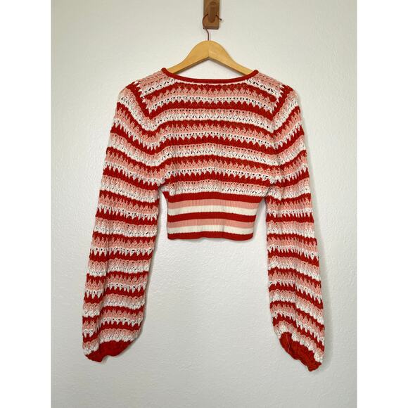 Altar'd State Briella Striped Crochet Knit Sweater Red Peach White Size Small - Picture 4 of 5